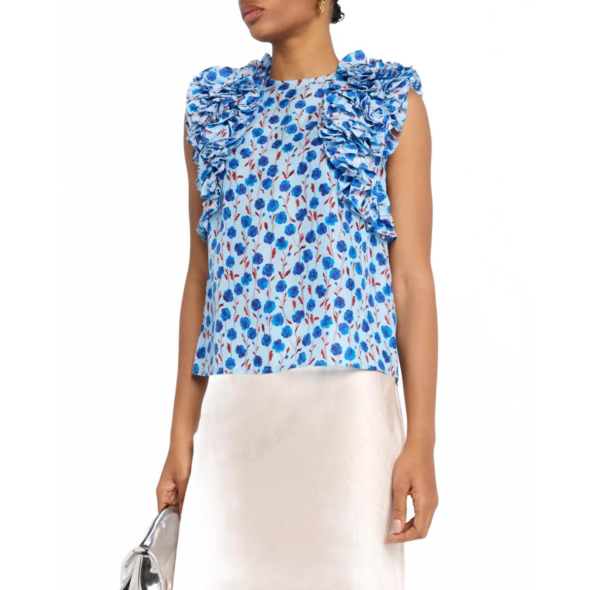 New Essentiel Antwerp Honour Multi Ruffle Top In Denim Blue